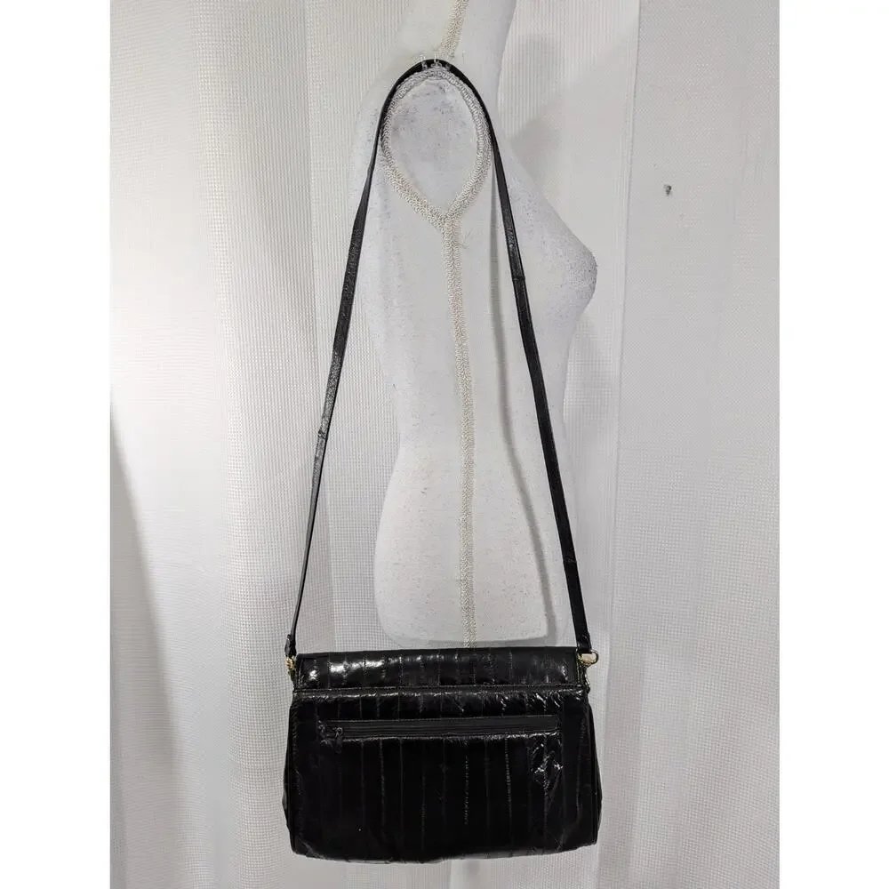VINTAGE BLACK EEL! GORGEOUS SUEDE LEATHER LINED SHOULDER BAG, PURSE, LIKE NEW!